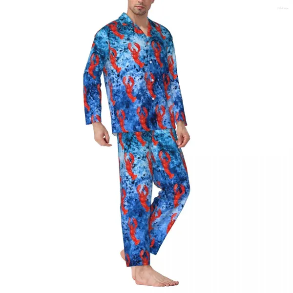 Vêtements de nuit pour hommes, pyjama imprimé homards, vagues nautiques, belle nuit d'automne, 2 pièces, décontracté, surdimensionné, personnalisé, costume de maison