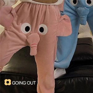 Heren Nachtkleding Lounge Pyjamabroek 3D Oren Kofferbak Cartoon Mooie Olifant Losse Casual Pluche Winter Mannen Vrouwen Broek Homewear