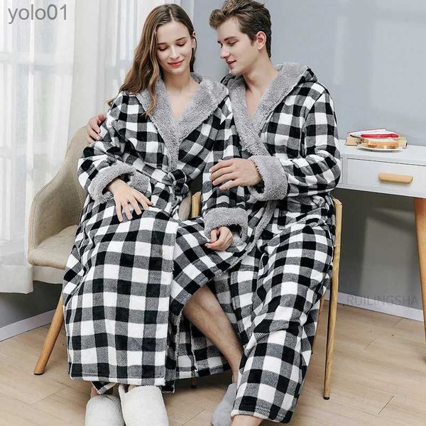 Ropa de dormir para hombres Amantes de invierno Er Long Plaid Franela Cálido Albornoz Hombres Tallas grandes con capucha Coral Fleece Bata de baño Mujeres Bata Ropa de dormir L231202