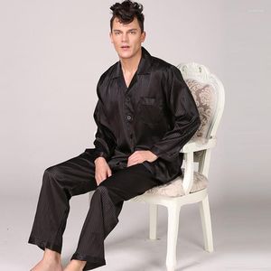 Pyjama de luxe à rayures classiques pour hommes, vêtements de nuit, manches longues, hauts de nuit, pantalons en soie glacée, ensemble Pijama