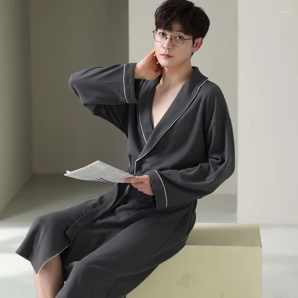 Vêtements de nuit pour hommes M-5XL Robe Automne Solide Coton Gaufré Peignoir Mâle Japonais Chemise de Nuit Kimono Intime Lingerie Oversize