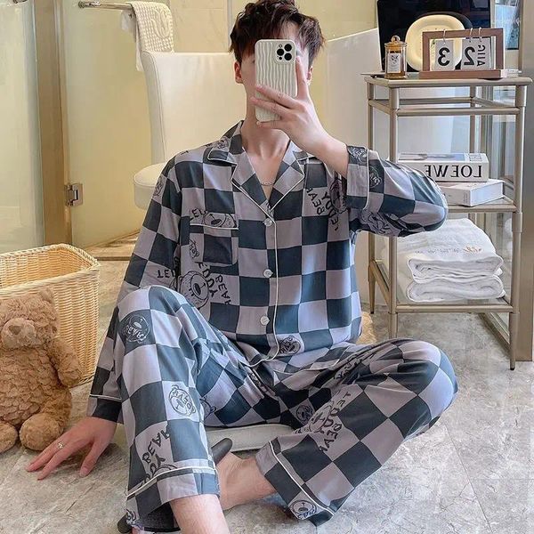 Ropa de dormir para hombres Masculino 2024 Primavera Otoño Hombres Algodón Seda Manga larga Pijamas delgados Conjunto Casual Tamaño grande Moda Plaid Homewear Traje
