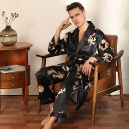Slaapkleding voor heren Mannelijke satijnen gewaad broek Dargon Pyjamas Set Print Men Nightwear Kimono Bathrobe jurk Faux Silk Lounge slijtage huiskleding 221201