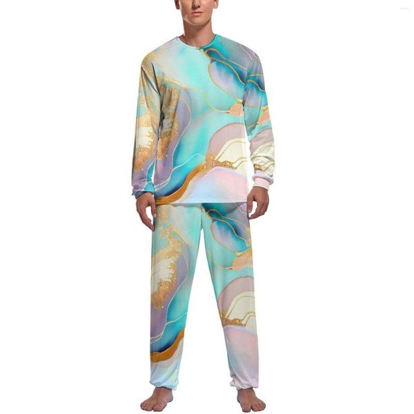 Ropa de dormir para hombre, pijamas de mármol, otoño, arte abstracto con brillo, ropa de dormir estética para hombre, conjunto suave de manga larga con patrón de dos piezas