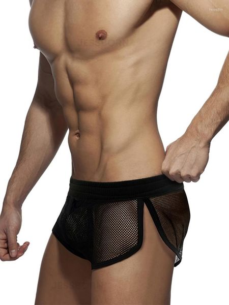 Vêtements de nuit pour hommes Sex-appeal pour hommes Net Gaze Ménage Pantalon Couleur Pure Pleine Fente Évider Air Shorts Mince Tendance Pyjama