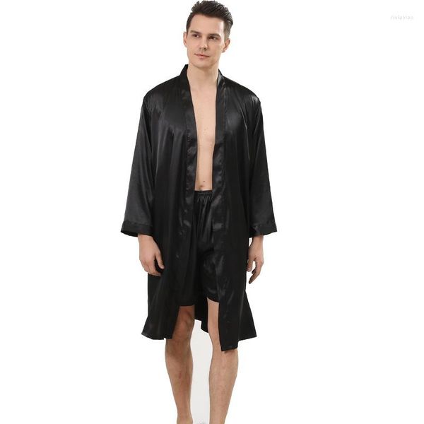 Vêtements de nuit pour hommes Robe en soie pour hommes avec short 2 pièces costumes été à manches longues pyjamas mâle grande taille Kimono peignoir chemise de nuit