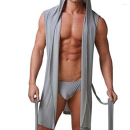 Vêtements de nuit pour hommes hommes peignoir couleur unie à capuche sans manches amical pour la peau Absorption d'eau Robe de bain