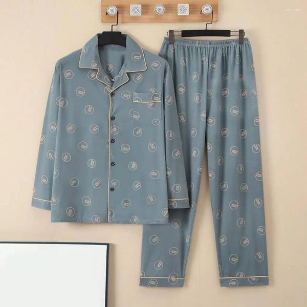 Ropa de dormir para hombres Ropa de descanso informal para hombres Conjunto de pijamas de primavera y verano para padres de mediana edad con camisa de manga larga y pantalones anchos para estar cómodos