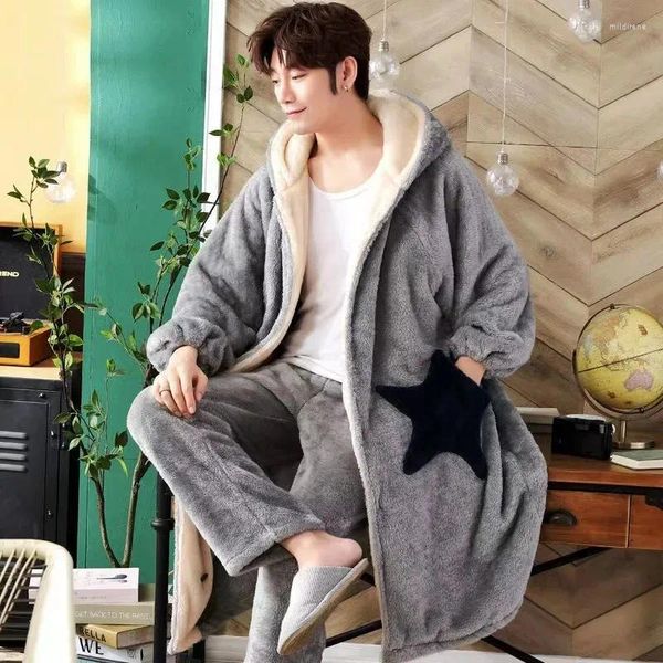 Ropa de dormir para hombres Hombres Moda Suave Pijama Conjuntos Coral Fleece Nightgown Winter Robe Espesar Cálido Albornoz con capucha Ropa para el hogar Masculino Acogedor