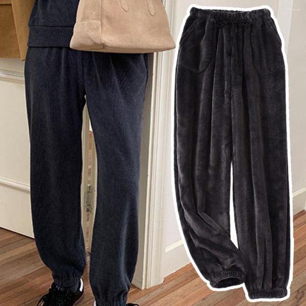 Ropa de dormir para hombres Pantalones de pijama para hombres Pantalones rectos con banda en el tobillo Color sólido Fleece Espesar Bolsillos con cordón a prueba de frío Pantalones Ropa para el hogar