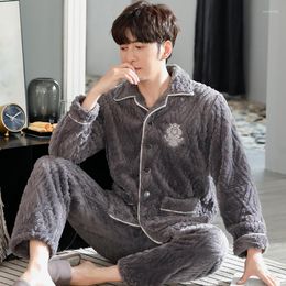 Herren-Nachtwäsche, Herren-Pyjama-Set, Korallen-Fleece, Winter-Langarm-Stickerei-Pyjama-Anzug, Herbst-Nachtwäsche, Kragen-Pijama, männlich, zweiteilig