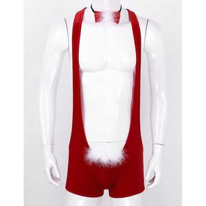 Vêtements de nuit pour hommes Hommes Red Soft Velvet Sous-vêtements de Noël Santa Cosplay Fantaisie Venez Singlet Sexy Mankini Boxer avec Bowtie Male Xmas Underpants T221114