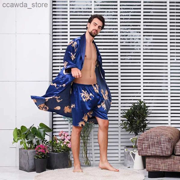 Ropa de dormir para hombres Hombres Rob Set Kimono Ropa de dormir Bata Cinturones elásticos Traje de dos piezas Dragones chinos Seda Pijamas para hombres Bata con pantalones cortos Hombres Camisones Q240109