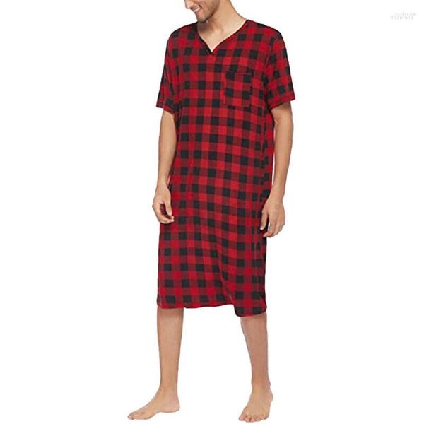 Vêtements de nuit pour hommes hommes hommes treillis à manches courtes col en V chemise de nuit Robe de nuit peignoir ample décontracté vêtements de maison A50