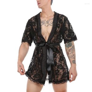 Vêtements De Nuit pour hommes Ensemble De Chemise De Nuit Pour Hommes Sexy Dentelle Peignoir Transparent Costume De Maison Robe De Bain Perspective Tentation De Chambre G4