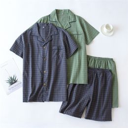 Vêtements de nuit pour hommes Pyjamas pour hommes Été Mince Short à manches courtes Coton délavé Simple Plaid japonais Service à domicile Costume Pantalon Pijama Hombre 220924