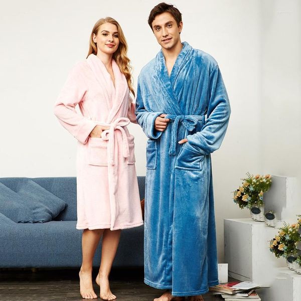 Vêtements de nuit pour hommes Amoureux d'hiver pour hommes Robe Chaude Épaisse Peignoir Robe Flanelle Solide Couple Kimono Coral Fleece Loungewear Vêtements de Maison