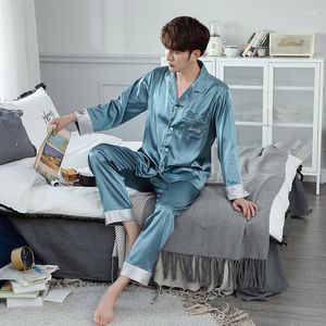 Vêtements de nuit pour hommes Ensembles de pyjamas en satin pour hommes Pyjamas à manches longues Costume Pijama Lake Blue Loungewear