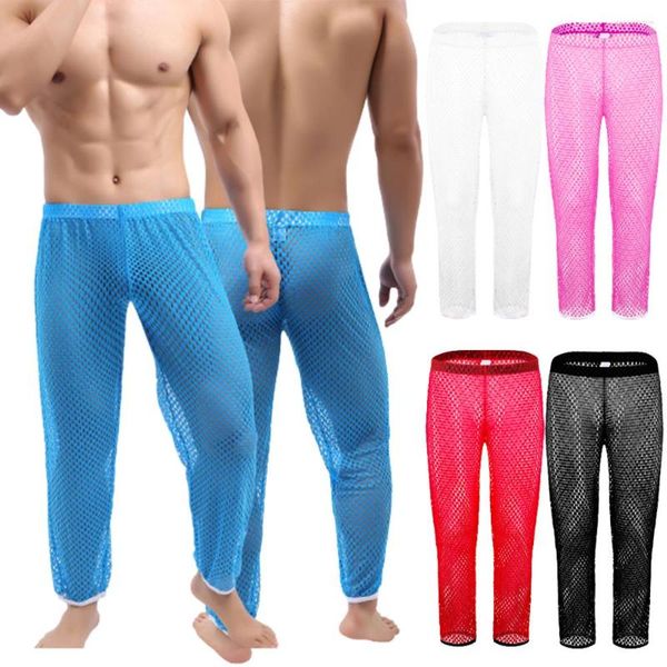 Ropa de dormir para hombres Hombres Sexy Transparente Fishnet Pijama Bottoms Ver a través de malla Pantalones casuales Pantalones Sheer Soft Hollow Out Leggings