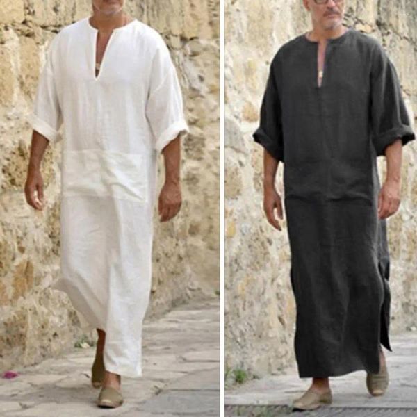 Vêtements de nuit pour hommes Hommes Chemise V Col Pull Poches Vintage Lâche Vêtements de tous les jours Respirant Casual Solide Lin Robe ethnique Tissu pour
