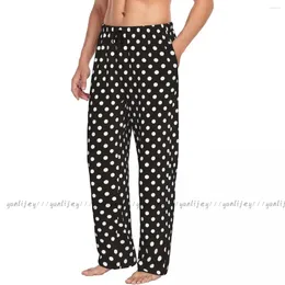 Ropa de dormir para hombres hombres de sueño pantalones de salón macho pantalones de polka blancos en fondo negro pantalones de pijama