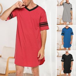 Pijamas masculinos de verão, blusa longa combinando com cores soltas, manga curta, decote em V, roupas para casa, pulôver, estampa listrada, dormir