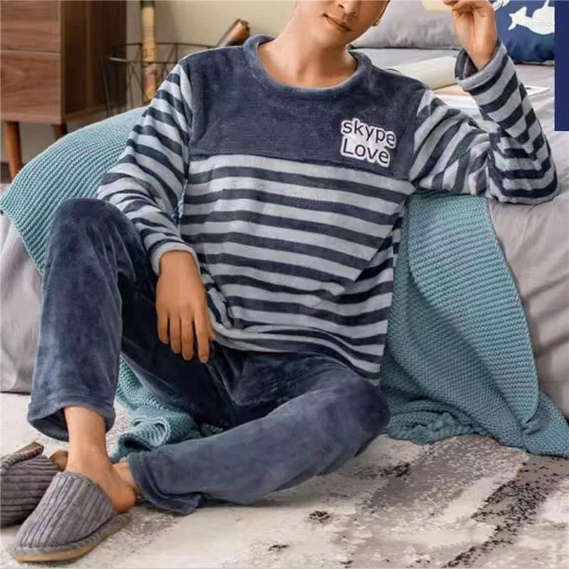 Homens sleepwear homens engrossar quente flanela pijamas conjunto masculino manga comprida listra top coral veludo pijama outono inverno casual homewear