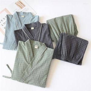 Vêtements de nuit pour hommes Hommes Traditionnels Japonais Pyjamas Ensemble Robe Pantalon Kimono Haori Yukata Robe Douce Coton Gaze Vert Plaid Print216Q