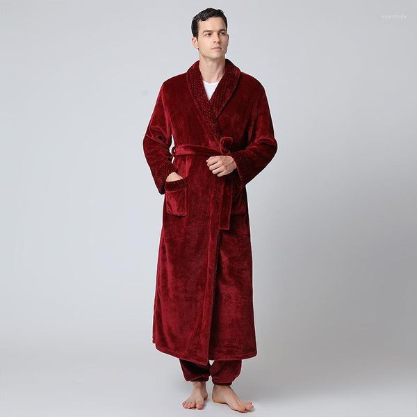 Vêtements de nuit pour hommes Hommes Ultra Longue Robe avec pantalon Flanelle d'hiver Deux pièces Kimono Peignoir Robe Ensembles Corail Polaire Revers Lingerie