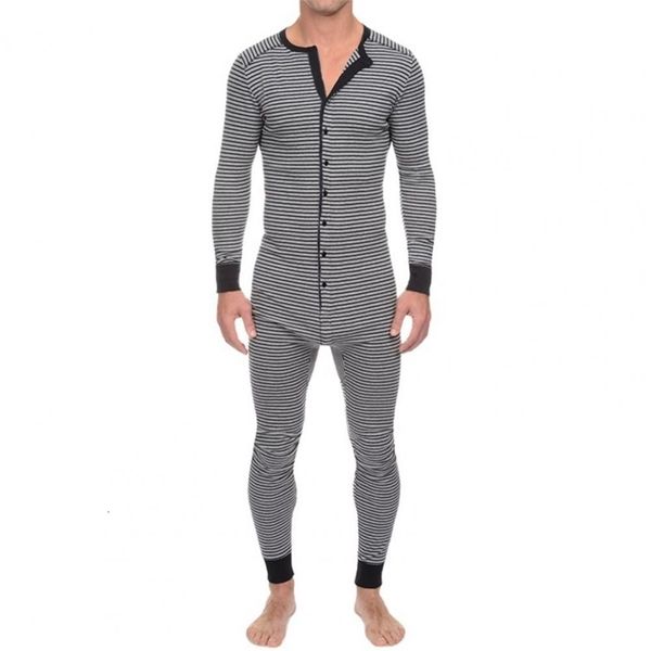 Vêtements de nuit pour hommes Sous-vêtements pour hommes Pyjama Skinny Striped Jumpsuit Manches longues O Neck Buttons Romper Sleepwear Global Wholesale Onesies- Pyjama Set 230612