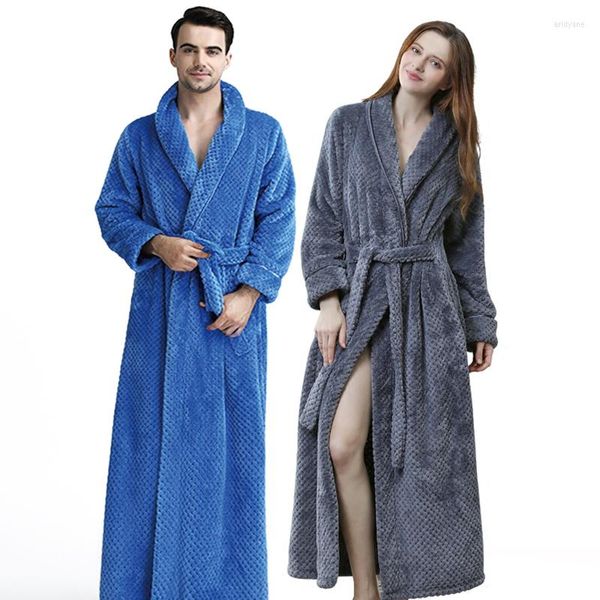 Ropa de dormir para hombre, albornoz de franela de gofre de punto Extra largo de invierno para hombre, albornoz de lana Coral, Kimono de manga larga para hombre, albornoz cálido para mujer