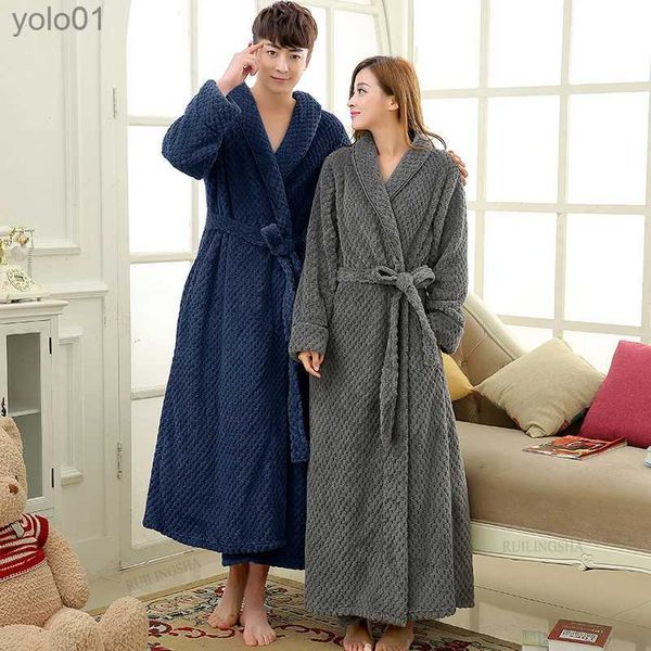 Ropa de dormir para hombres Hombres Invierno Extra largo Grueso Cálido Franela Albornoz Tallas grandes Soft Coral Fleece Bath Robe Mujeres Jacquard Bata Ropa de dormir L231202