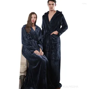 Vêtements de nuit pour hommes Hommes Hiver À Capuchon Extra Long Chaud Flanelle Peignoir Plus Taille Corail Polaire Peignoir Femmes Robe De Chambre Lovers Lounge