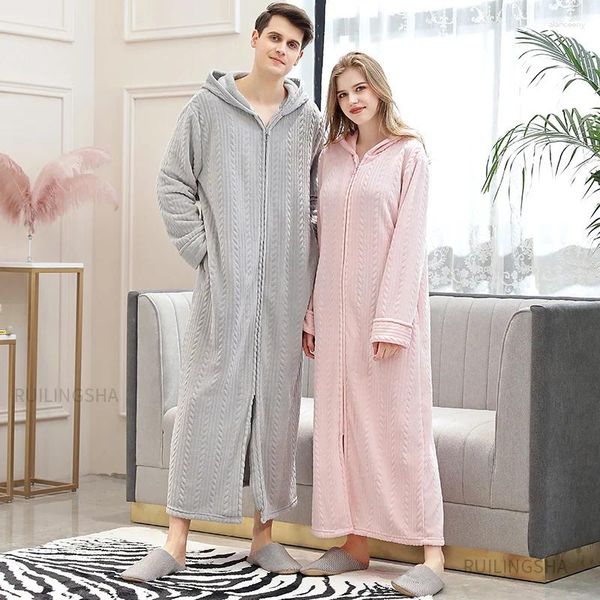 Ropa de dormir para hombres Hombres Invierno Tallas grandes Cremallera con capucha Cremallera larga Cálida Coral Fleece Albornoz Shell Bata Mujeres Térmica Franela Bata de baño