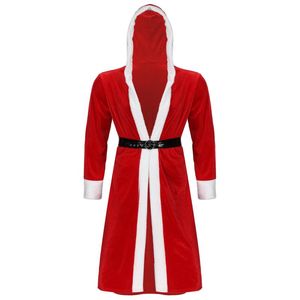 Vêtements de nuit pour hommes Peignoir à capuche en velours de Noël pour hommes Robe de nuit ouverte sur le devant avec ceinture en cuir verni Vêtements de nuit en flanelle Kimono pour