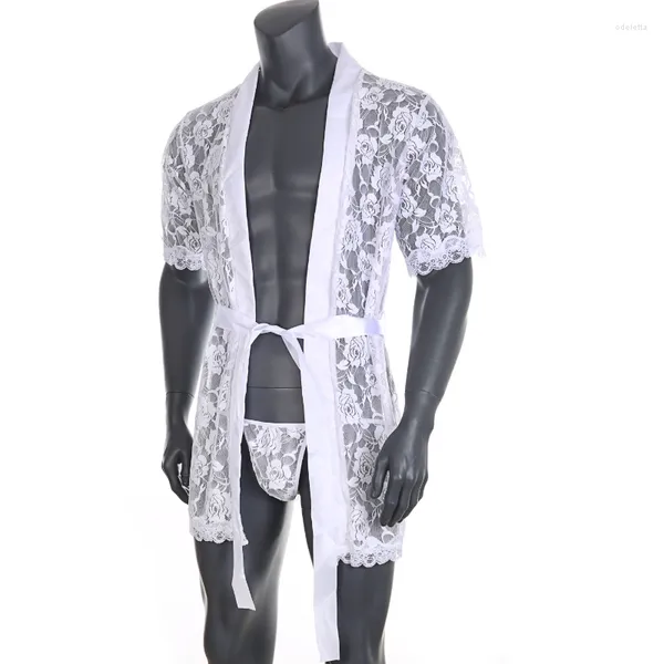 Vêtements de nuit pour hommes Hommes Floral Dentelle Robes courtes Sexy Voir à travers la chemise de nuit érotique Hommes Peignoirs Homewear Gay Sissy Pyjamas Manches