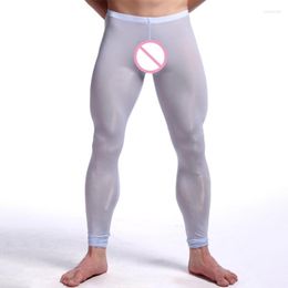 Vêtements de nuit pour hommes Mens Long John Pantalon Sexy Sheer Pouch Sous-vêtements Ice Silk Tight Bottoms Leggings Soyeux Slip Transparent Gay