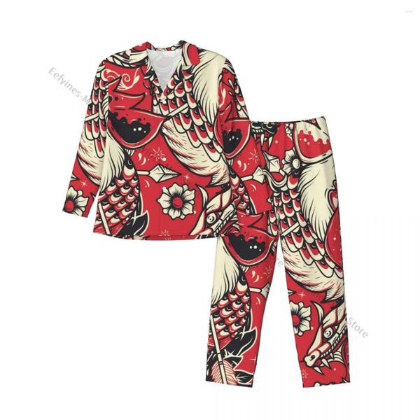 Ropa de dormir para hombres Conjuntos de pijamas para hombres Trajes para el hogar Old School Serpiente y cabeza de gallo Patrón de tatuaje Ropa de casa suelta de manga larga Casual