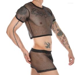 Heren nachtkleding Heren Sexy Mesh Sheer Suit Glanzende Crop Tops See Through Shorts Gay Man Sissy Lingerie Set Erotisch ondergoed Fetish Club Wear