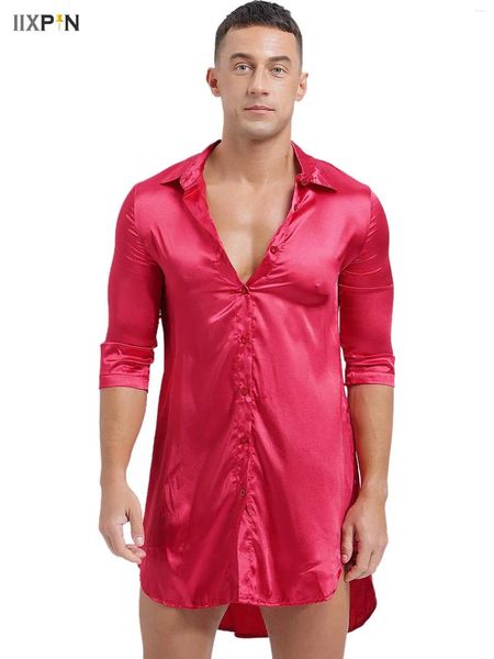 Lignes de nuit masculines Homme en satin silky Long des vêtements de salon Col de remin-down Malf Malf-Up Button-up Pyjamas Tops Curved Hem Sissy Habands