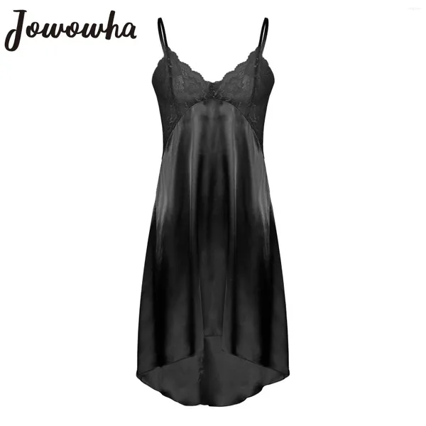 Ropa de dormir para hombres Mens Sissy Satin Nightdress Lencería Sheer Lace Spaghetti Straps V-cuello Vestido de dormir Chemise Crossdresser Ropa de dormir