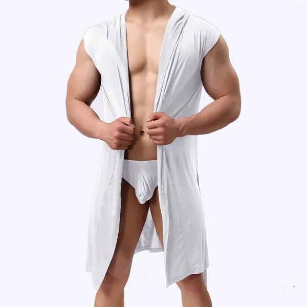 Ropa de dormir para hombre Ropa de casa sin mangas para hombre Albornoz Color sólido claro Pijamas sexy de verano/otoño Vestido de noche informal para hombre Bata de baño para