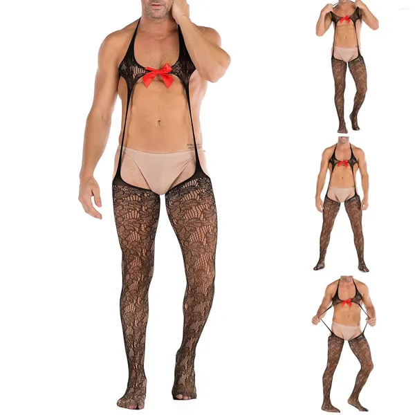 Vêtements de nuit pour hommes, sous-vêtements transparents en maille, boîte de nuit, nœud papillon, fente haute, pyjama Sexy, Costumes érotiques pour dormir, vente