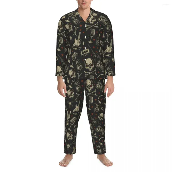 Vêtements de nuit pour hommes, ensemble de pyjama avec crâne de musique en métal, Punk Grunge, sommeil confortable, unisexe, 2 pièces, motif surdimensionné, costume de maison, automne