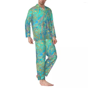 Vêtements de nuit pour hommes Ensemble de pyjama rétro en or métallisé Automne Boho Mandalas Mignon Doux Chambre Homme Deux Pièces Vintage Surdimensionné Design Costume À La Maison