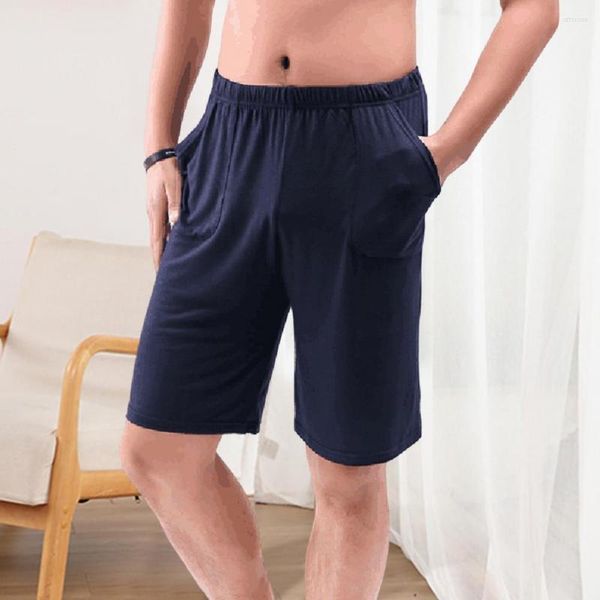 Ropa de dormir para hombre, pantalones cortos de dormir de Color sólido con bolsillos en la cintura elástica de tiro medio, pantalones cortos de pijama informales de verano para hombre, ropa de casa