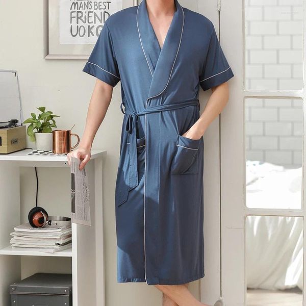 Ropa de dormir para hombre, ropa de hogar Modal, cárdigan de manga corta, bata de baño tipo kimono de longitud media con cinturón, pijamas drapeados para hombre
