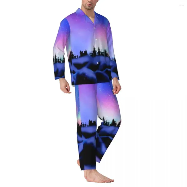 Ropa de dormir para hombre, conjunto de pijamas informales de gran tamaño con luces de ensueño del norte, galaxia de montañas, otoño, traje para casa Kawaii de manga larga para hombre