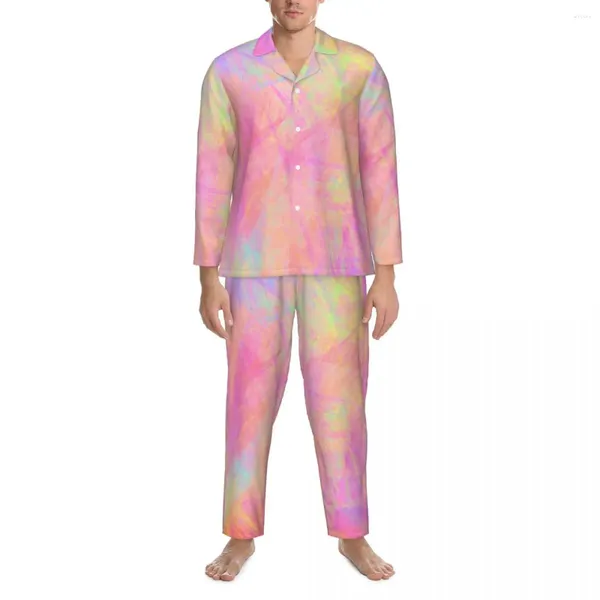 Ropa de dormir para hombres Conjunto de pijamas con pintura de neón multicolor Tie Dye Print Lovely Men Manga larga Casual Suelto Diario 2 piezas Ropa de dormir Tallas grandes