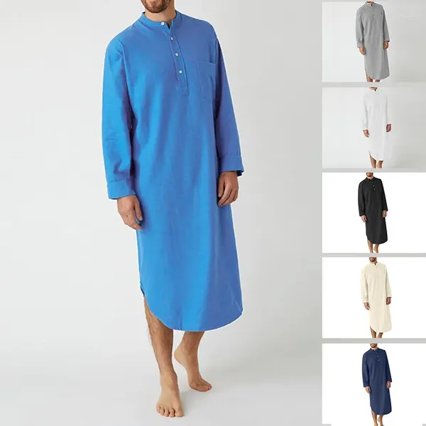 Vêtements de nuit pour hommes Style musulman Pyjamas de couleur unie à manches longues avec boutons arabes - Chemise grande taille de haute qualité Élégance classique